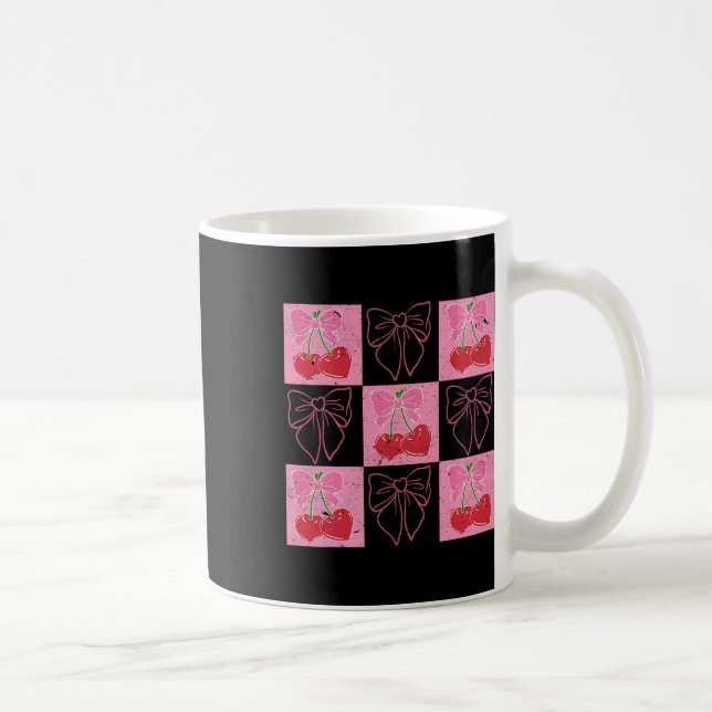 Checked Cherry Coquette Bow Ribbon Pink Valentine  Coffee Mug (Right)