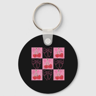 Checked Cherry Coquette Bow Ribbon Pink Valentine Key Ring