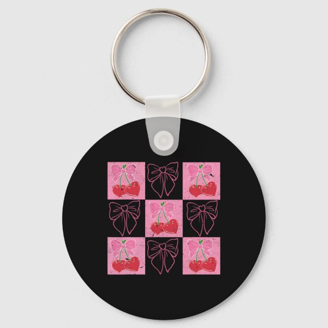 Checked Cherry Coquette Bow Ribbon Pink Valentine  Key Ring (Front)