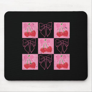 Checked Cherry Coquette Bow Ribbon Pink Valentine Mouse Mat