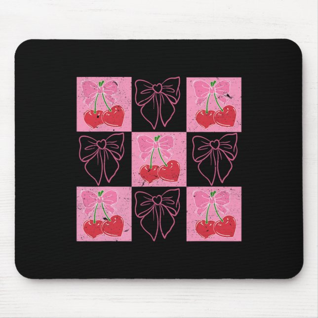 Checked Cherry Coquette Bow Ribbon Pink Valentine  Mouse Mat (Front)