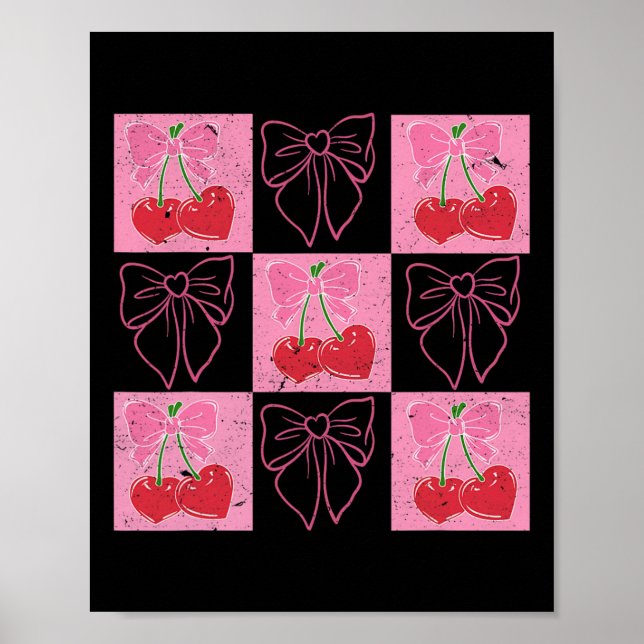 Checked Cherry Coquette Bow Ribbon Pink Valentine  Poster (Front)