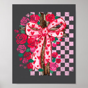 Checked Floral Cross Coquette Bow Jesus Valentine' Poster