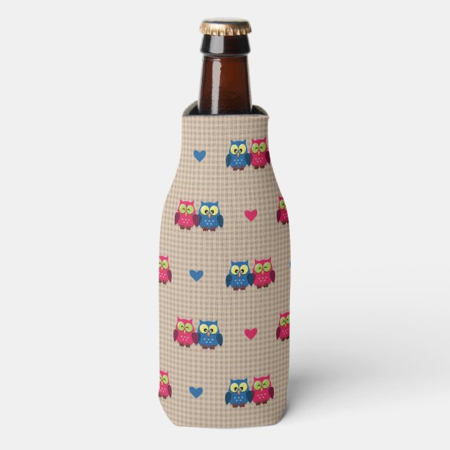 Checked pattern with love owls bottle cooler (Bottle Front)