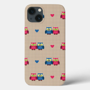 Checked pattern with love owls iPhone 13 case