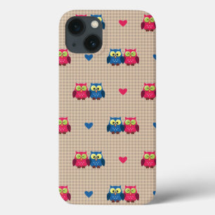 Checked pattern with love owls iPhone 13 case