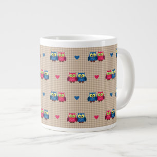 Checked pattern with love owls large coffee mug