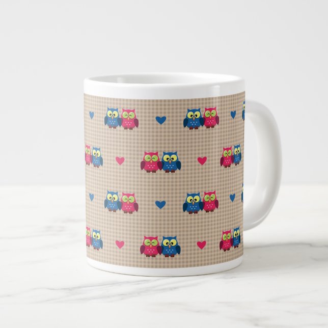 Checked pattern with love owls large coffee mug (Front Right)