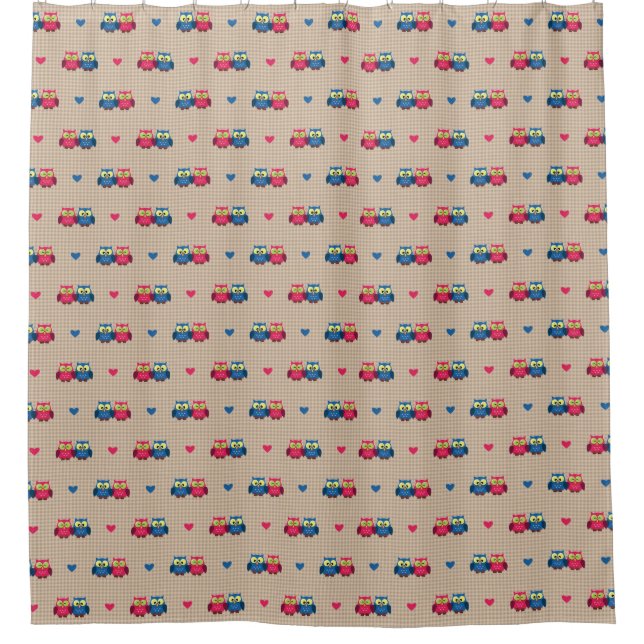 Checked pattern with love owls shower curtain (Front)