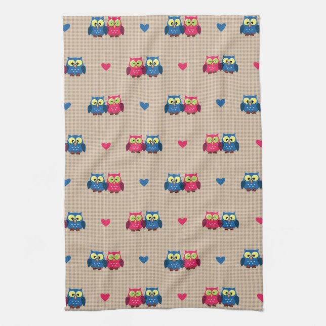 Checked pattern with love owls tea towel (Vertical)