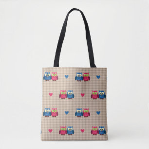 Checked pattern with love owls tote bag