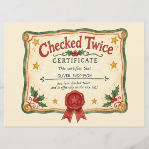 Checked Twice Name Santa Nice List Certificate Holiday Card