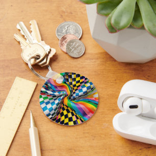Checker Board Rainbow Pattern Digital Art Key Ring
