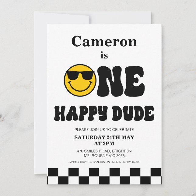 Checkerboard And Face One Happy Dude 1st Birthday Invitation (Front)