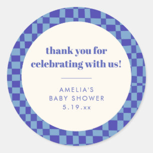 Checkerboard Blue Custom Baby Shower Thank You Classic Round Sticker
