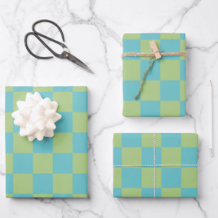 Checkerboard Checkered Pattern in Blue and Green Wrapping Paper Sheet