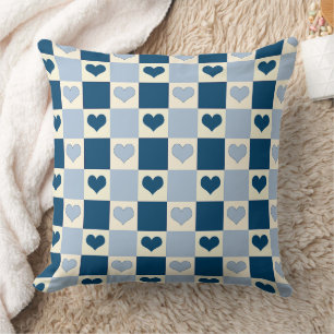 Checkerboard Hearts in Dark Blue, Light Blue, and  Cushion