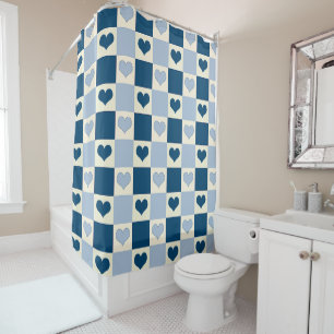 Checkerboard Hearts in Dark Blue, Light Blue, and Shower Curtain