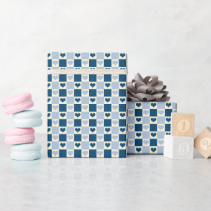 Checkerboard Hearts in Dark Blue, Light Blue, and Wrapping Paper