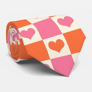 Checkerboard Hearts in Pink, Orange, and Cream Tie