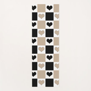 Checkerboard Hearts in Taupe, Black, and White Yoga Mat