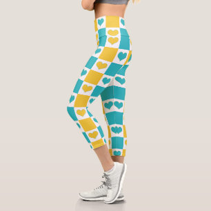Checkerboard Hearts in Turquoise and Yellow Capri Leggings