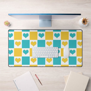 Checkerboard Hearts in Turquoise and Yellow Desk Mat