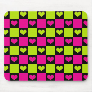 Checkerboard Hearts - Lime Green, Hot Pink & Black Mouse Mat