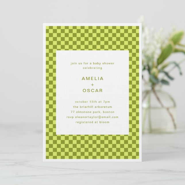Checkerboard Lime Olive Retro Couples Baby Shower Invitation (Standing Front)
