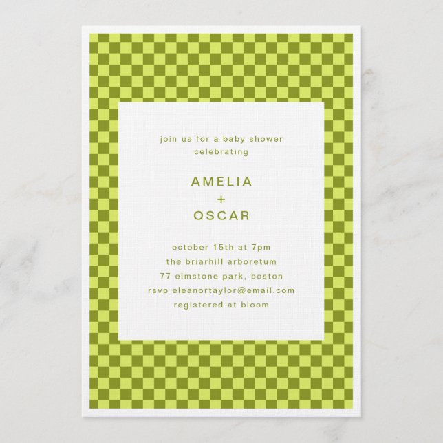 Checkerboard Lime Olive Retro Couples Baby Shower Invitation (Front)