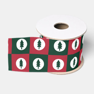 Checkerboard Pattern Red and Green Christmas Trees Grosgrain Ribbon