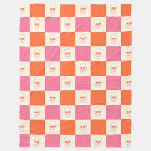 Checkerboard Skulls in Pink, Orange, & Cream Fleece Blanket