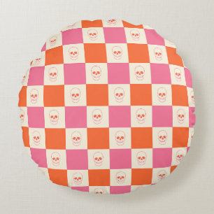 Checkerboard Skulls in Pink, Orange, & Cream Round Cushion