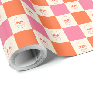 Checkerboard Skulls in Pink, Orange, & Cream Wrapping Paper