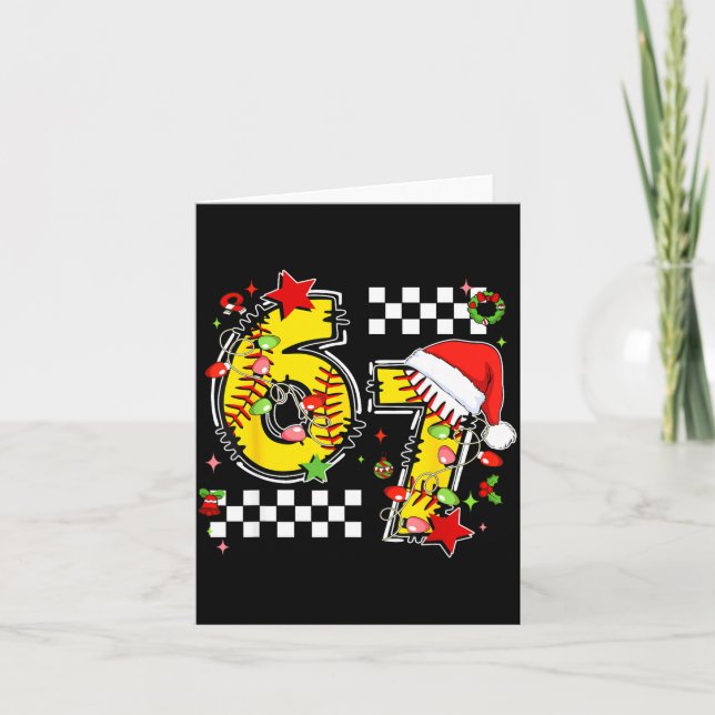 Checkered 67 Softball Santa Hat Christmas Six Seve Card (Front)