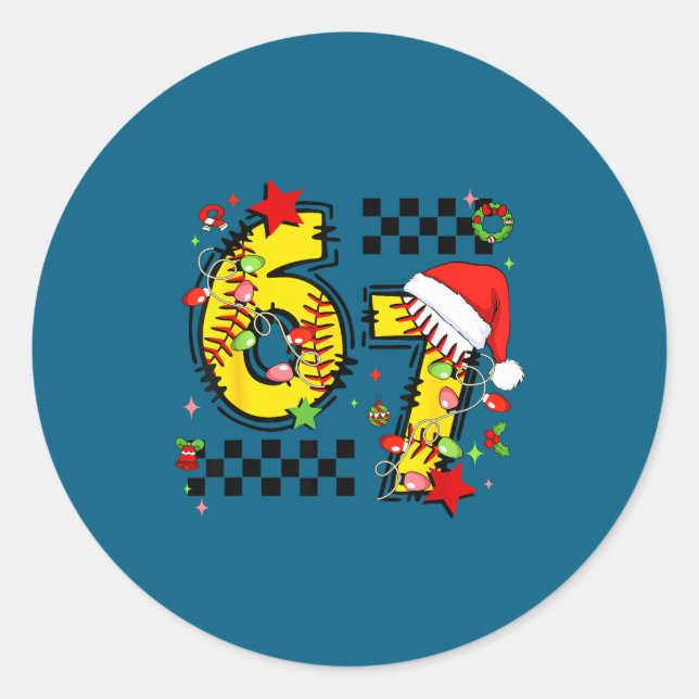 Checkered 67 Softball Santa Hat Christmas Six Seve Classic Round Sticker (Front)