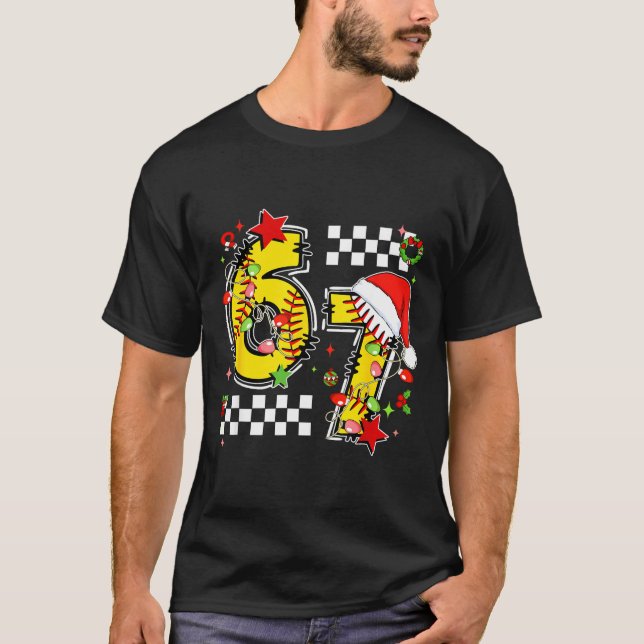 Checkered 67 Softball Santa Hat Christmas Six Seve T-Shirt (Front)