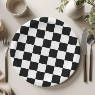 Checkered Black and White Pattern Birthday Party Paper Plate