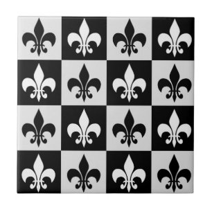 Checkered Black White Fleur-De-Lis Pattern Tile