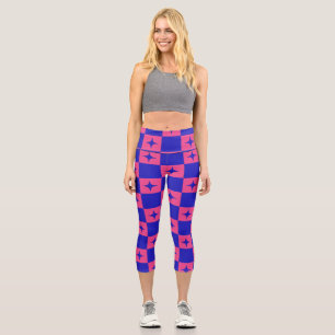 Checkered Blue & Pink Tile With Sparkles Pattern Capri Leggings