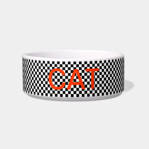 CHECKERED BOARD BLACK AND WHITE CAT BOWL RED PRINT