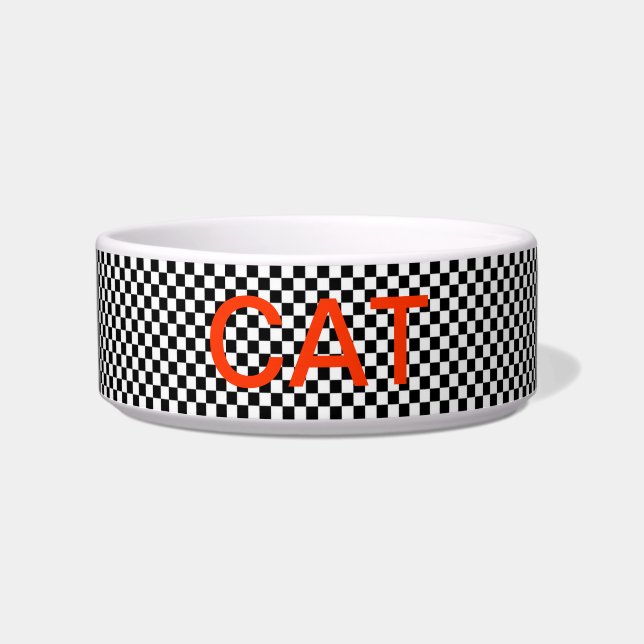 CHECKERED BOARD BLACK AND WHITE CAT BOWL RED PRINT (Front)