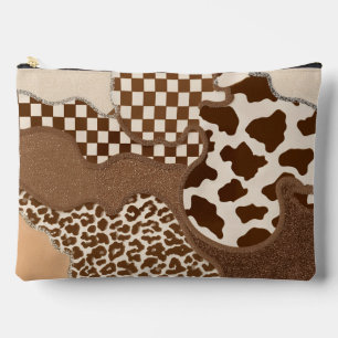 Checkered Brown Wavy Mocha Aesthetic Cow Print Cut Accessory Pouch