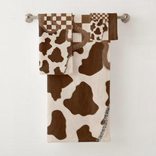 Checkered Brown Wavy Mocha Aesthetic Cow Print Cut Bath Towel Set