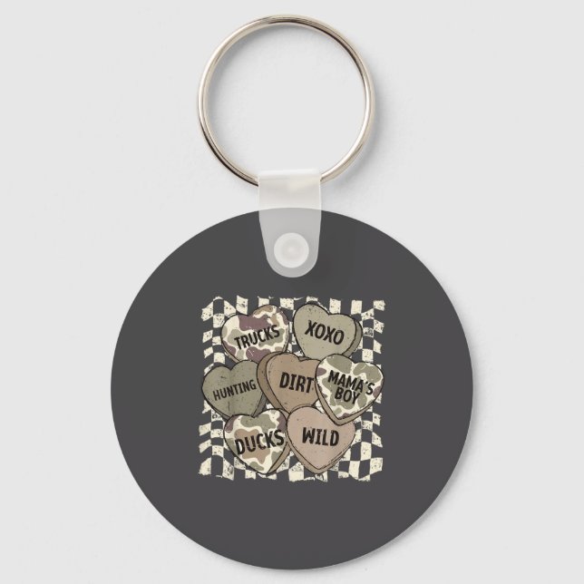 Checkered Camo Conversation Hearts Valentine's Day Key Ring (Front)