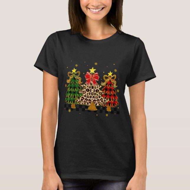 Checkered Christmas Trees Red Green Plaid Leopard  T-Shirt (Front)
