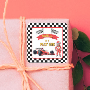 Checkered Flag Race Car Fast One Birthday  Square Sticker