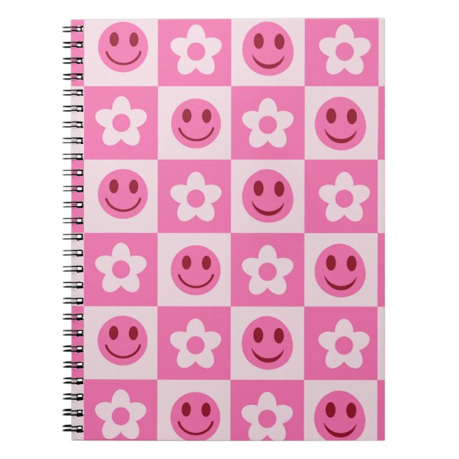 Checkered flowers and happy faces pink  notebook (Front)