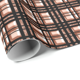 Checkered Grilled  Geometry Rose Gold Copper Black Wrapping Paper