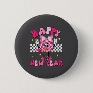 Checkered Happy New Year 2026 Disco Ball New Year  6 Cm Round Badge
